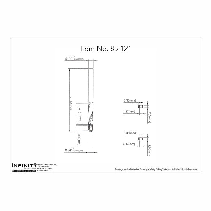 Technical drawing of straight router bit with dimensions, woodworking tool diagram