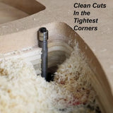 Router bit making clean cuts in plywood corner with wood shavings, precise woodworking tool.