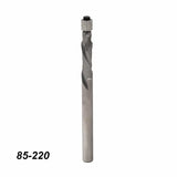 Spiral upcut router bit with 85-220 marking, used for precise woodworking cuts.