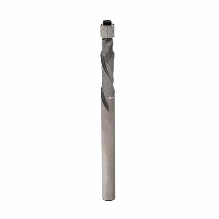 Straight flute router bit with spiral cutting edge for woodworking, isolated on white background.