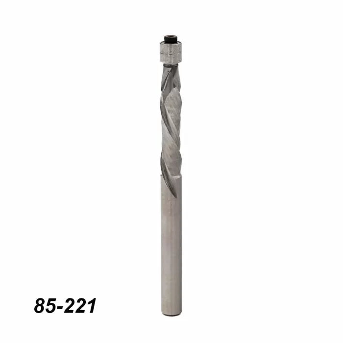 Upcut spiral router bit with bearing, woodworking tool, item number 85-221 on white background.