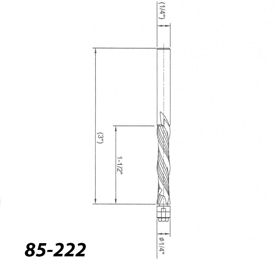 Technical drawing of a spiral router bit with 1/4 inch shank, labeled 85-222.