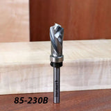 Spiral router bit with bearing for woodworking, model 85-230B, standing on wood surface