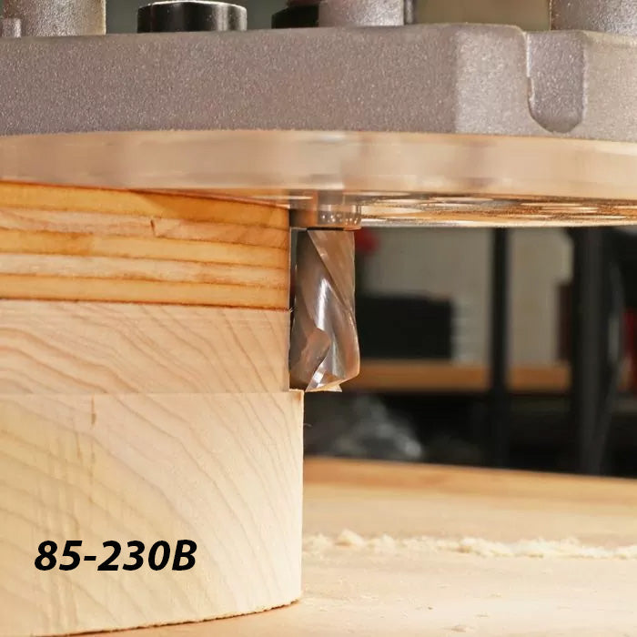 Close-up of a router bit cutting wood, woodworking tool in action, labeled 85-230B.