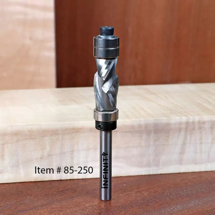Spiral upcut router bit with ball bearing, woodworking tool on wood surface, item 85-250.