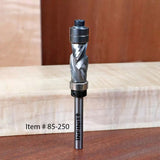 Spiral upcut router bit with ball bearing, woodworking tool on wood surface, item 85-250.