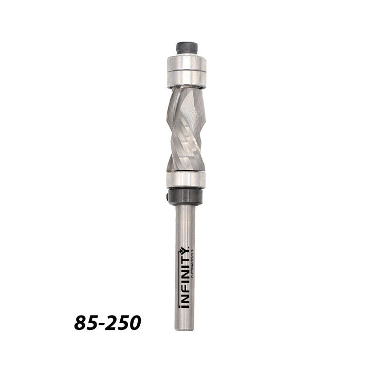 Spiral flush trim router bit with dual bearings, item 85-250, on white background.