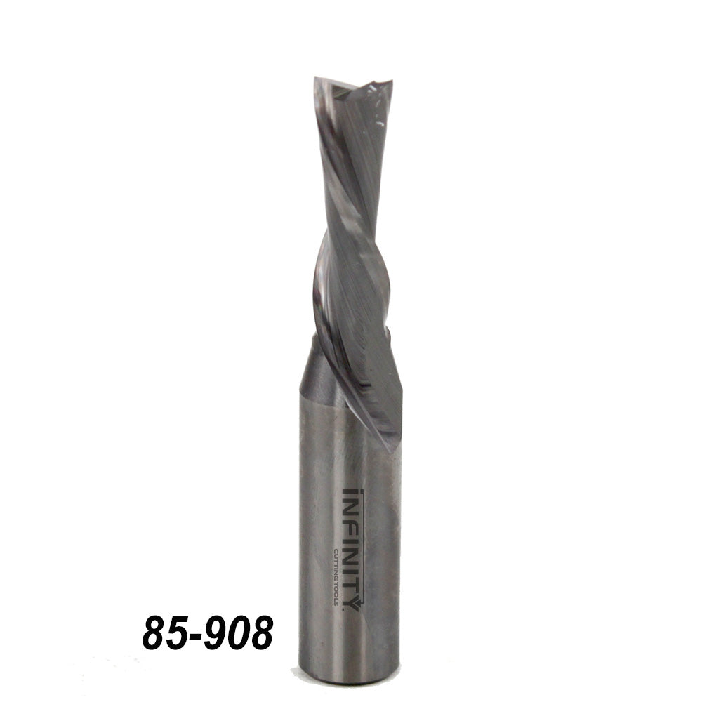 Carbide spiral router bit with sharp flutes, tool number 85-908, on white background.