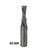 Carbide spiral router bit with sharp flutes, tool number 85-908, on white background.