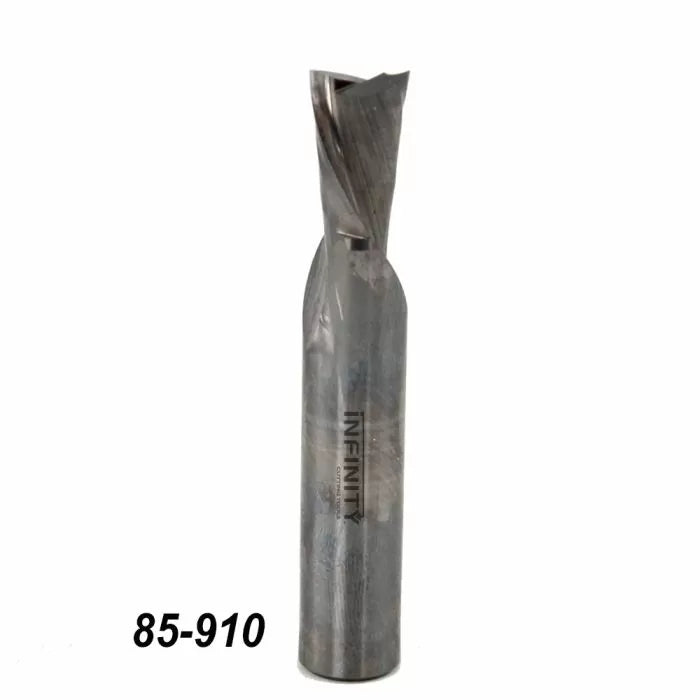 Straight flute spiral router bit for woodworking with model number 85-910 engraved.