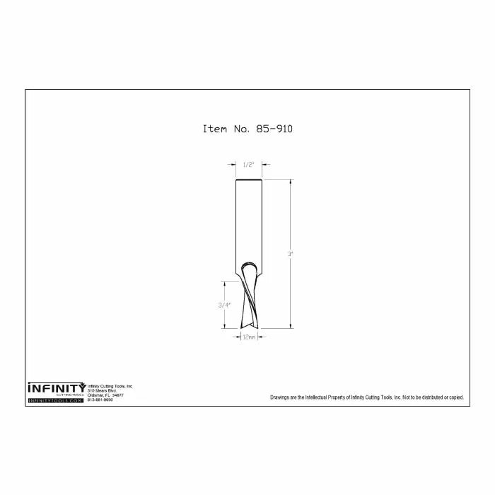 Technical drawing of upcut spiral router bit with dimensions, woodworking tool diagram