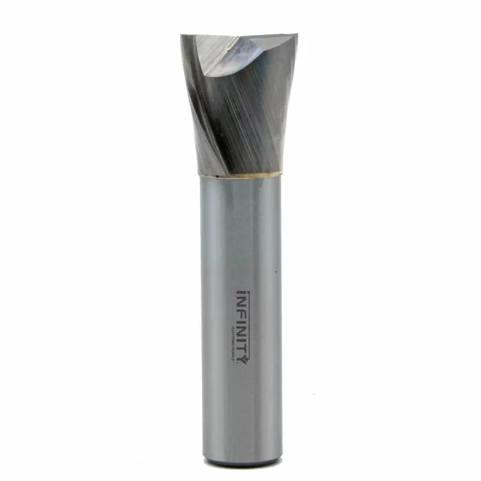 Carbide woodworking spiral router bit with engraved shaft on white background