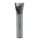 Carbide woodworking spiral router bit with engraved shaft on white background