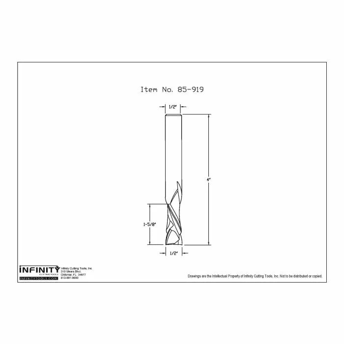 Technical drawing of 1/2 inch upcut spiral router bit, item 85-919, with measured dimensions.