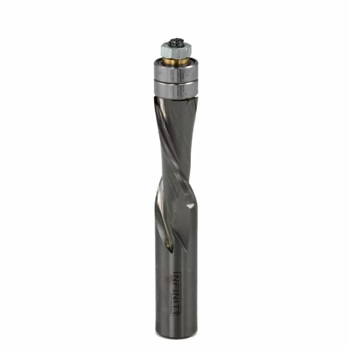 Spiral flush trim router bit with bearing for woodworking on white background