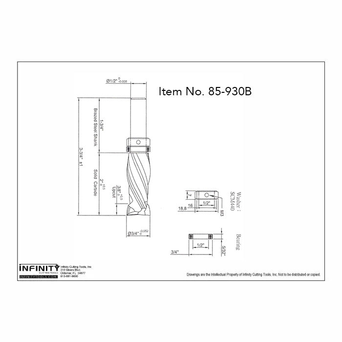 Technical drawing of spiral router bit, item 85-930B, with dimensions and specifications.
