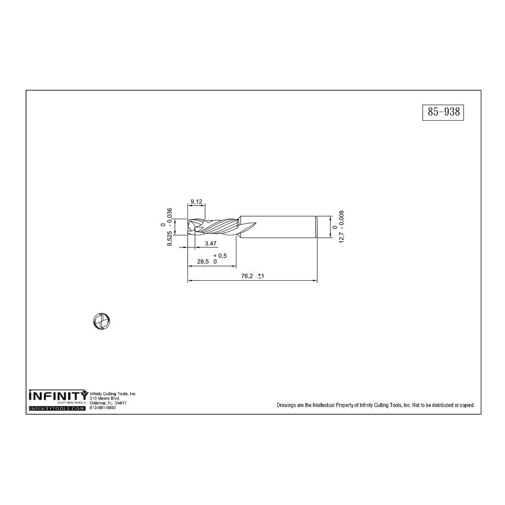 Technical drawing of spiral router bit with detailed measurements for woodworking