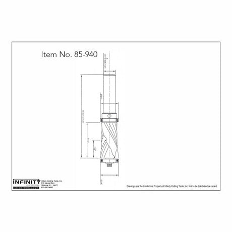 Technical drawing of spiral router bit with measurements, labeled item number 85-940.
