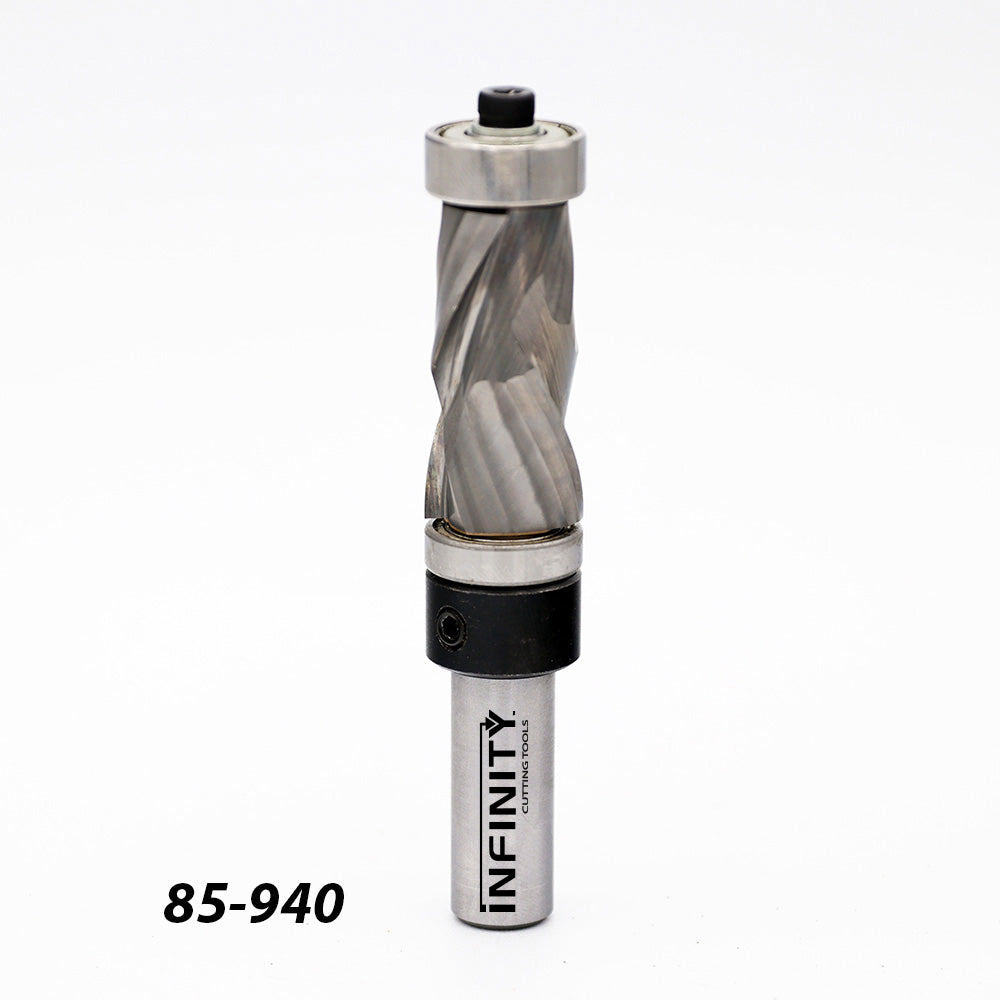 Spiral flush trim router bit with bearings on white background, woodworking tool, model 85-940.
