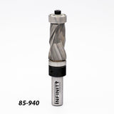 Spiral flush trim router bit with bearings on white background, woodworking tool, model 85-940.