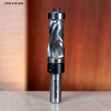 Industrial spiral flush trim router bit on tabletop, woodworking tool, close-up