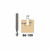 Router bit with round nose profile and diagram showing 1/4-inch wide, 1/2-inch deep cut, model 86-109.