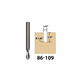 Router bit with round nose profile and diagram showing 1/4-inch wide, 1/2-inch deep cut, model 86-109.