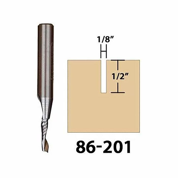 Straight flute router bit with 1/8 inch cut width, 1/2 inch cut depth, model 86-201