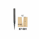 Spiral router bit with diagram showing 6.2° cutting angle, 1-inch depth, marked 87-001