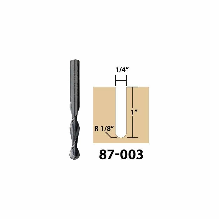 Straight router bit with 1/4 inch diameter, 1 inch cut depth, woodworking tool diagram