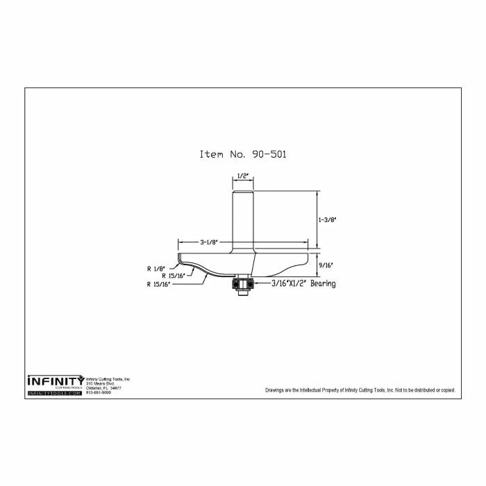 Technical drawing of woodworking router bit with dimensions and bearing, item 90-501.