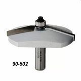 Large round carbide woodworking router bit with bearing and part number 90-502 visible