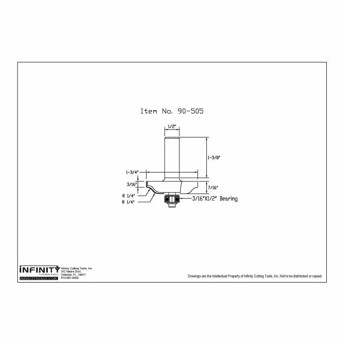 Technical drawing of router bit item 90-505 with detailed measurements and labeled features.