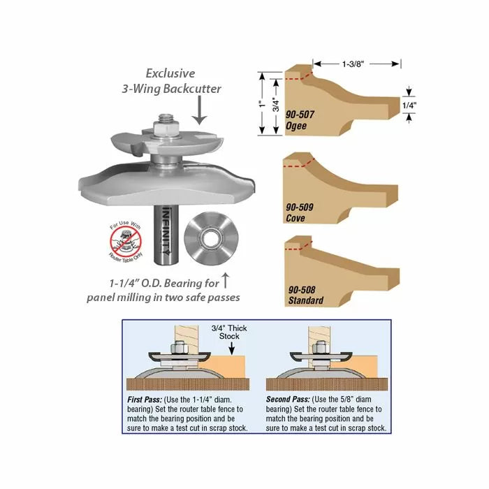 Router bit with 3-wing backcutter, bearing, and panel profile options for woodworking.