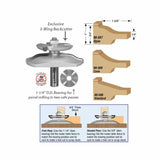 Router bit with 3-wing backcutter, bearing, and panel profile options for woodworking.