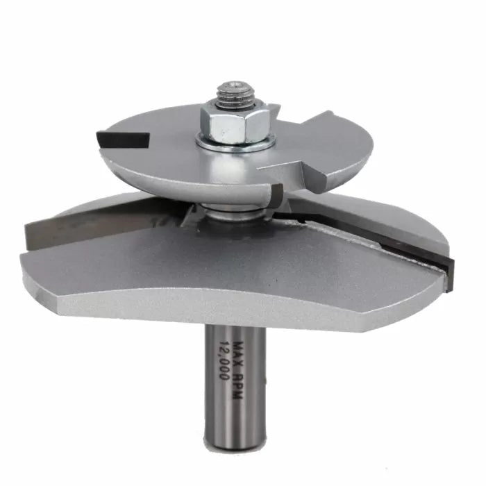 Carbide tipped woodworking router bit with stacked cutting blades and steel shank