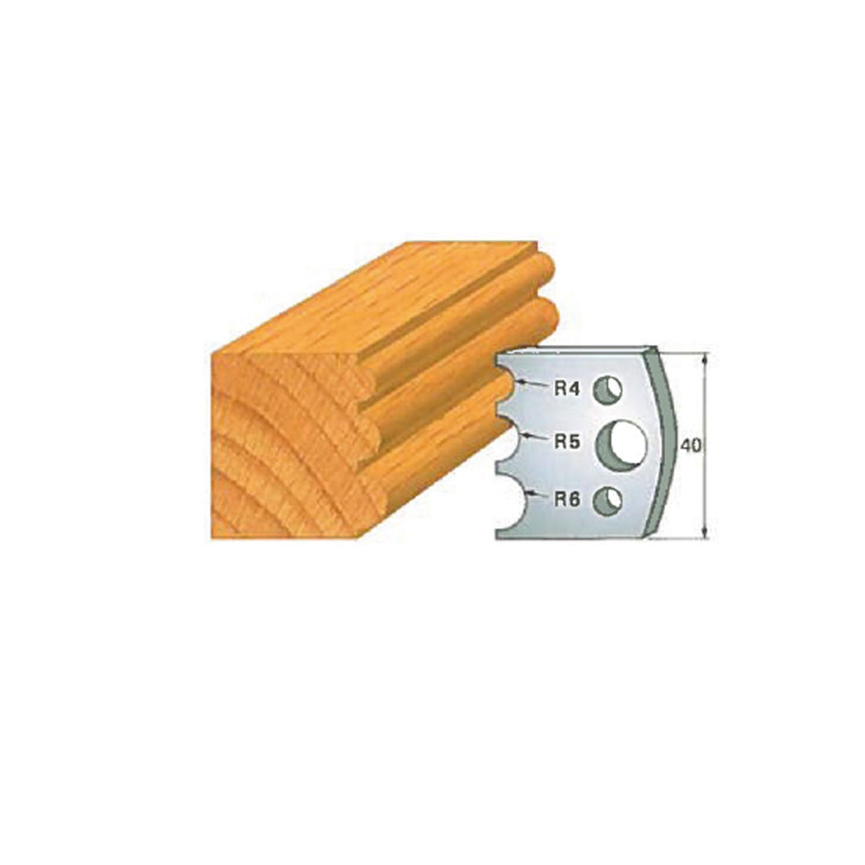 Wood moulding profile with steel cutter blade and radius measurements for woodworking