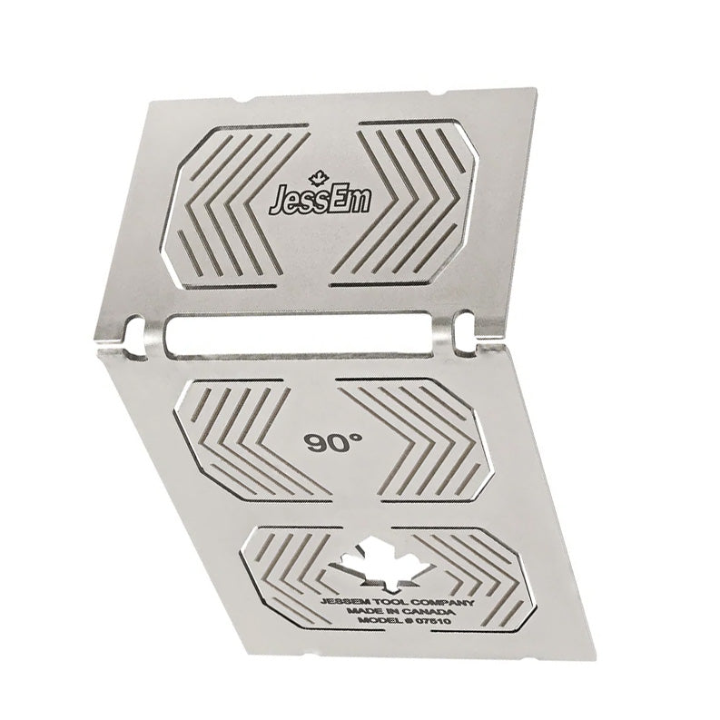 Stainless steel woodworking square tool with 90 degree marking, engraved patterns, and slotted cutout.