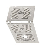 Stainless steel woodworking square tool with 90 degree marking, engraved patterns, and slotted cutout.