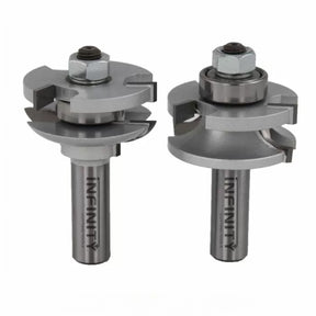 Two steel router bits with bearings for woodworking joinery on white background