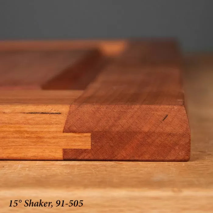 Close-up of a 15-degree Shaker style wood joint, showcasing precision joinery and smooth finish.