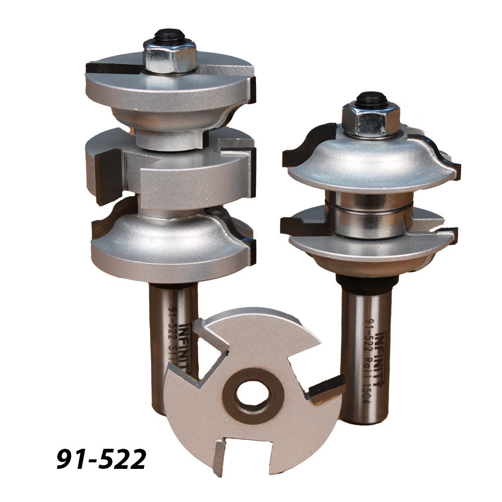 Stacked carbide router bit set for woodworking joinery, part number 91-522.