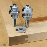 Three silver router bits for wood joinery, shown with a sample corner joint on wood.