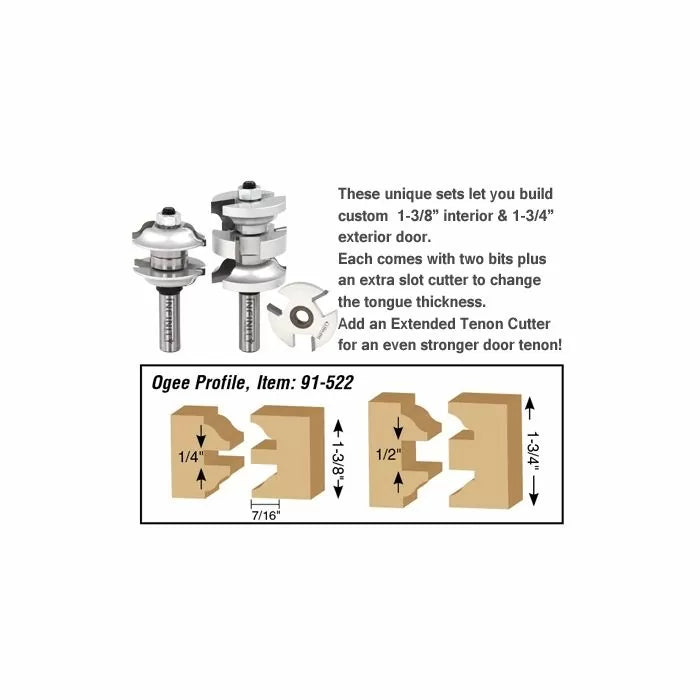 Ogee profile router bit set with slot cutters and wood joinery diagram for making doors.