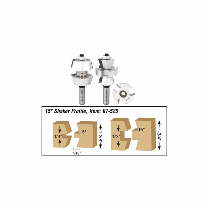 15 degree shaker profile router bit set with diagram showing wood joint dimensions and angles