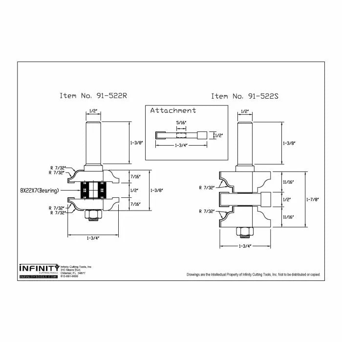 Router bit technical drawing with dimensions for woodworking joinery, item numbers 91-522R and 91-522S.