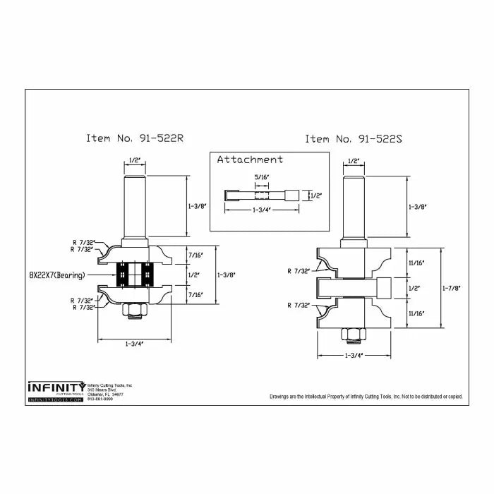 Technical drawing of woodworking router bit set with detailed measurements and labeled parts.