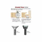 Extended tenon cutter diagram with rail cutting instructions and two router bit types, ogee and shaker.