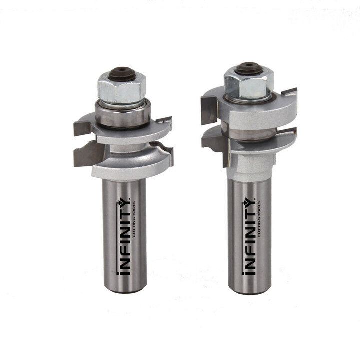 Two steel woodworking router bit sets with bearings and carbide cutting edges on white background