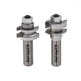 Two steel woodworking router bit sets with bearings and carbide cutting edges on white background